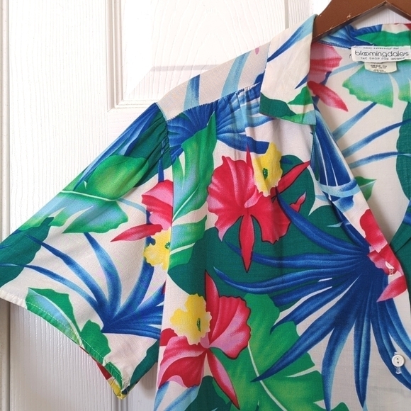 Bloomingdale's 80's Vintage Bright Tropical Short Sleeve Button Down Shirt Large - Picture 4 of 12